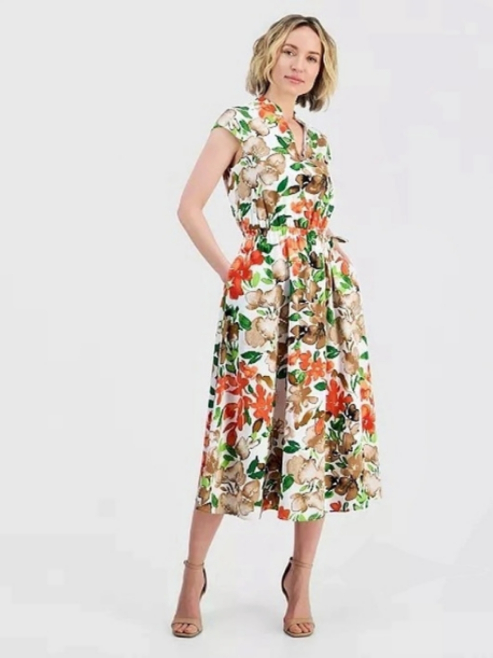 NWT Kasper Floral Midi Dress in White & Green Sz 12P